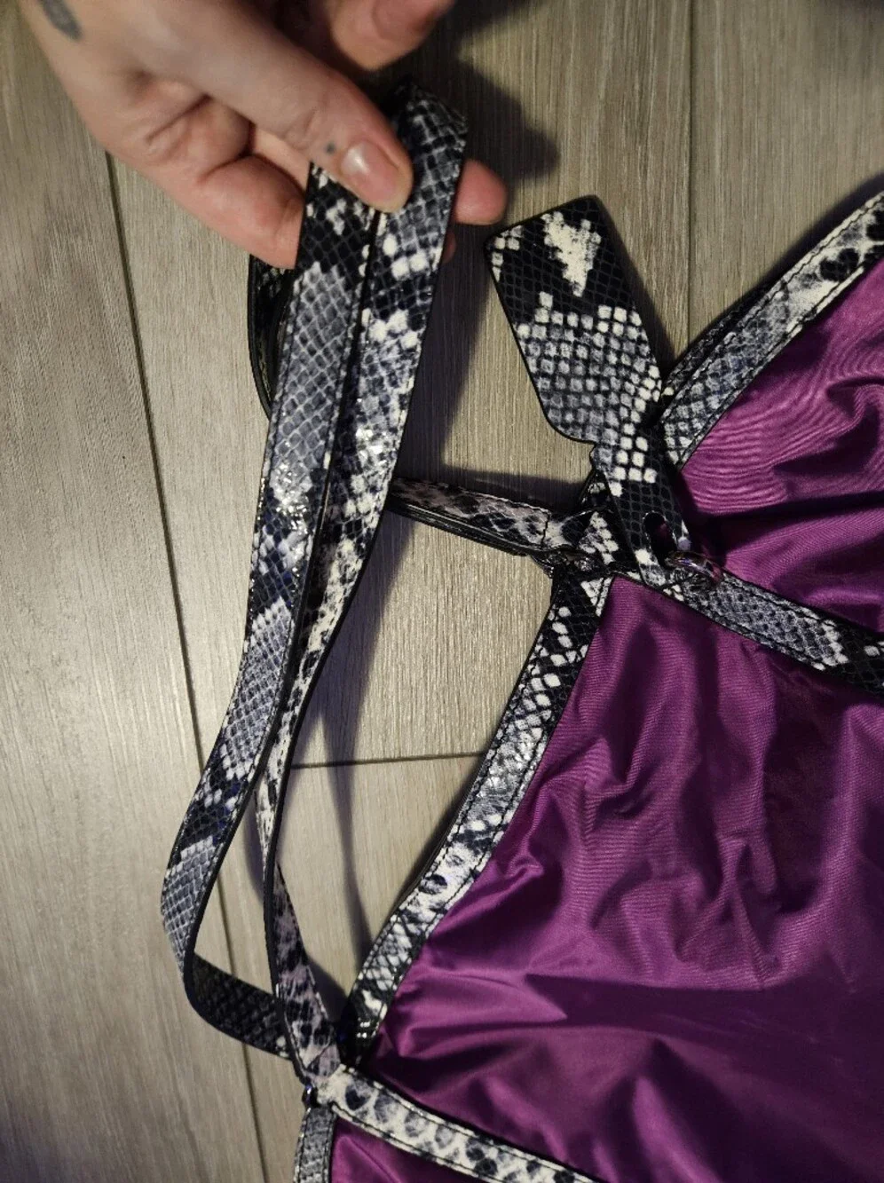 henri bendel Purple Tote with Black & White Snake-Print Trim